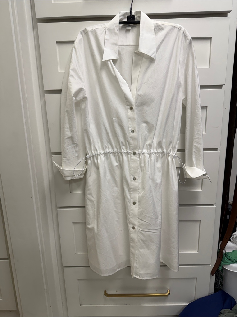 Vince White Long-Sleeve Shirt Dress with Drawstring Waist